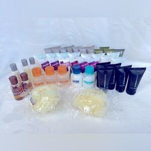 49 travel size shampoo, conditioner, body lotion, body gel, sponges all unused